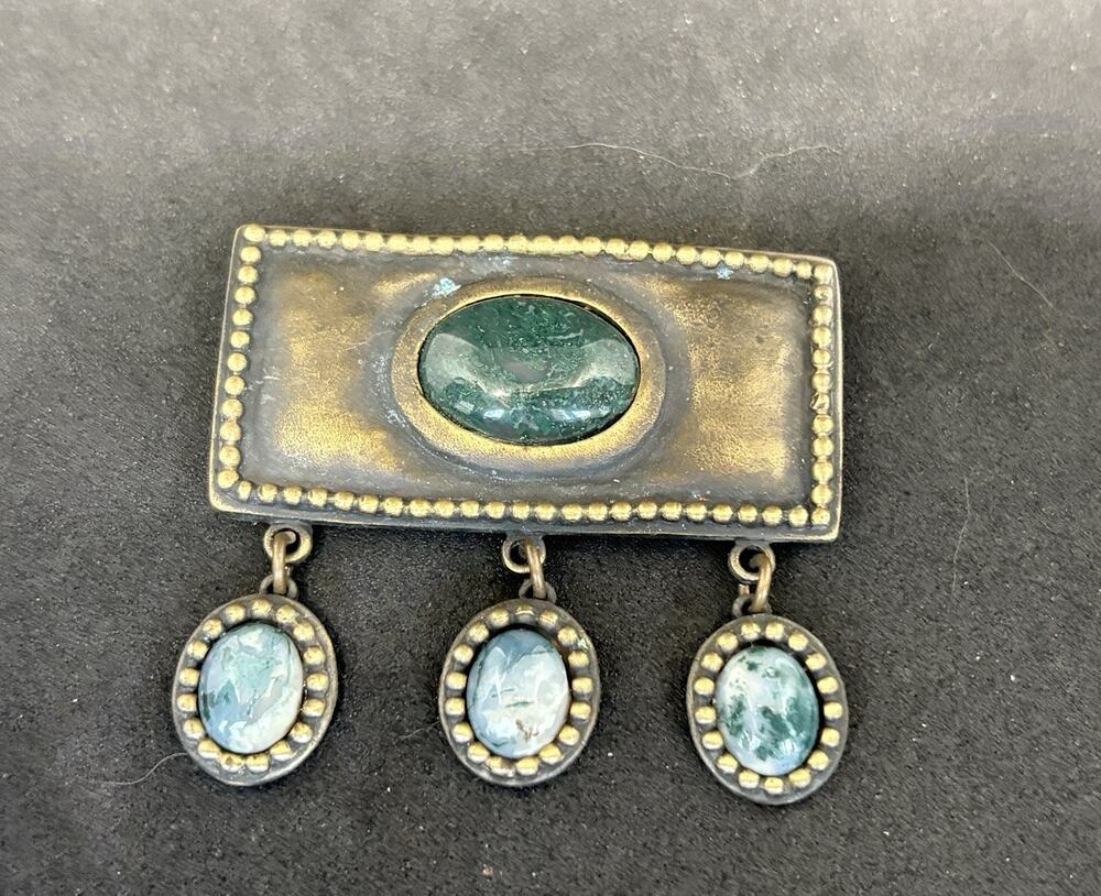 Vintage Leslie Block Bronze Gold Tone Green Moss Agate Dangle Bar Brooch Pin